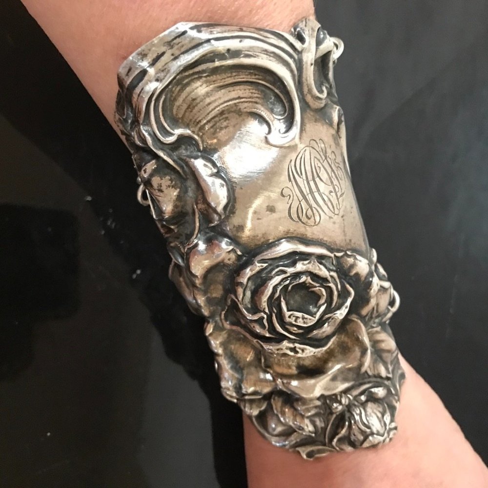 Rose Sterling Silver 925 Bracer Wide Cuff Bracelet Victorian Gladiator Floral - Picture 8 of 11
